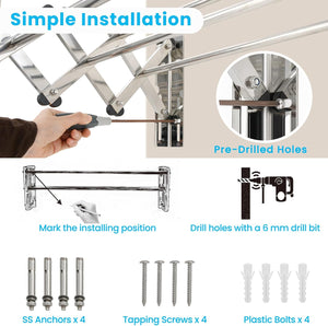 Stendibiancheria da Parete con 8 Aste in Acciaio Inox, Stendino da Parete per Bagno/Lavanderia, Stendino a Muro Richiudibile e Salvaspazio, Argento (50-86 x 63 x 22 cm)