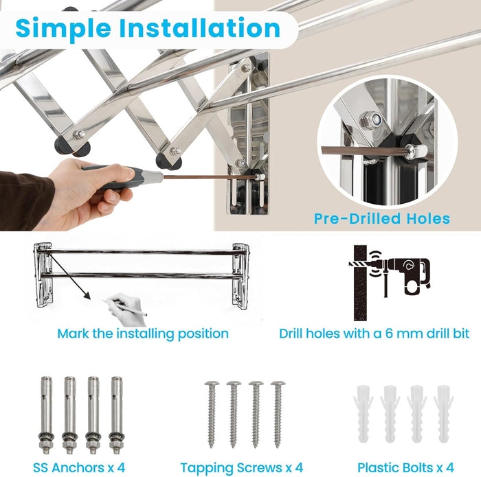 Stendibiancheria da Parete con 8 Aste in Acciaio Inox, Stendino da Parete per Bagno/Lavanderia, Stendino a Muro Richiudibile e Salvaspazio, Argento (50-86 x 63 x 22 cm)
