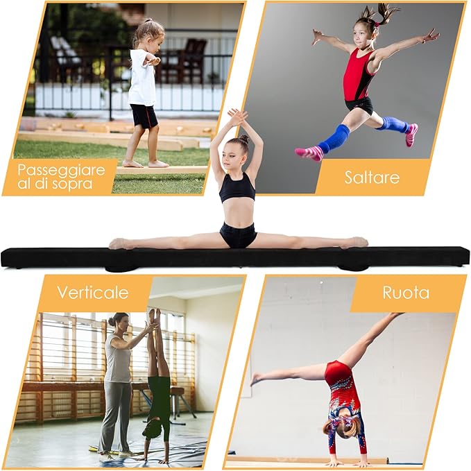 Trave da Ginnastica 210 cm Pieghevole per Bambini, Trave di Equilibrio Portatile con Maniglie, Base Solida di Legno e Parte Inferiore Antiscivolo