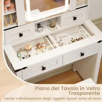 Toeletta da Trucco con Luci LED a 3 Colori Luminosit¨¤ Regolabile, Tavolo da Trucco con Specchio Scorrevole e Piano di Vetro, Postazione Trucco con 4 Cassetti e Ripiani Regolabili, Bianco