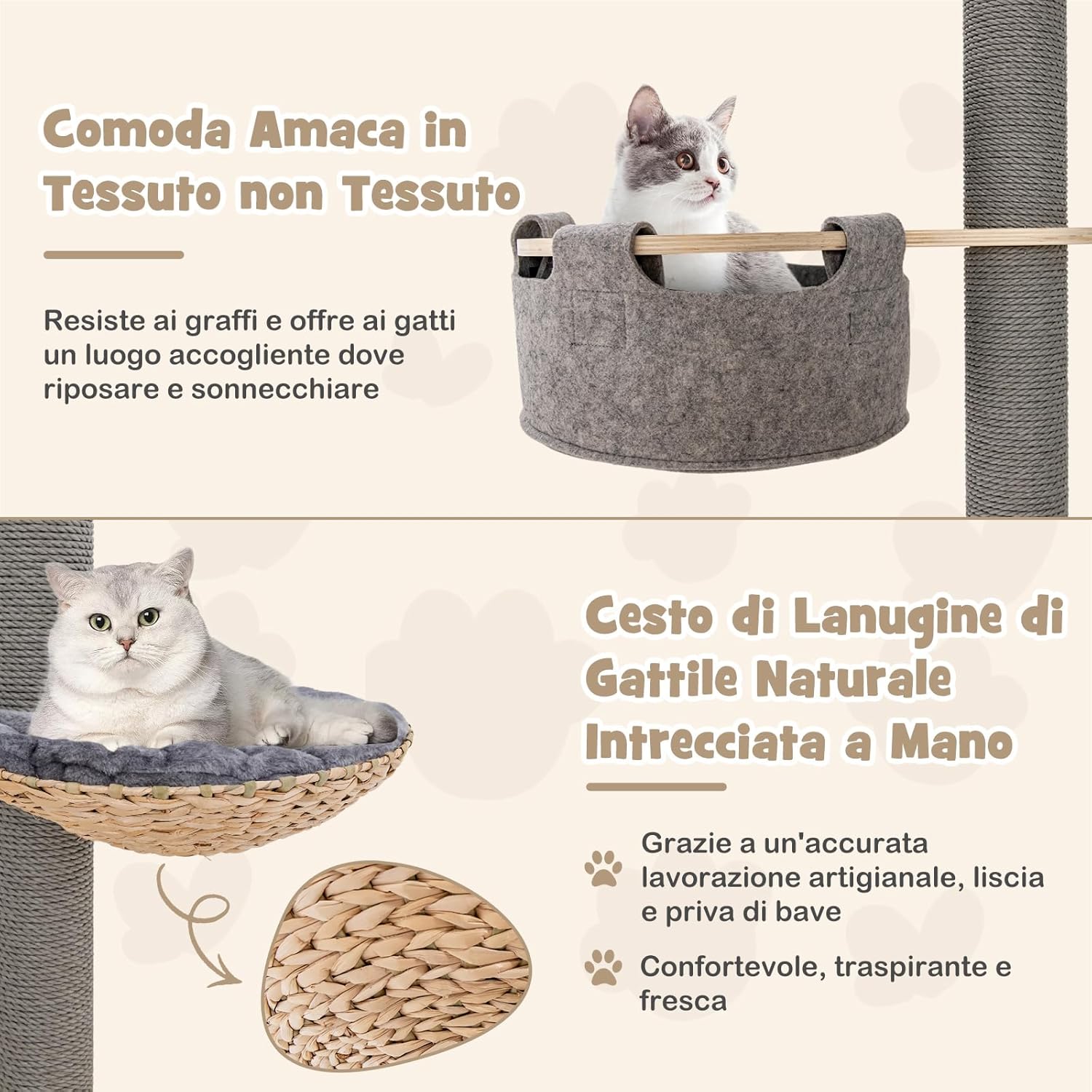 Albero per Gatti da Pavimento a Soffitto con Altezza Regolabile da 236 a 271 cm, Torre per Gatti in Legno a 5 Piani con Amaca, Letto e Cesta e Tiragraffi