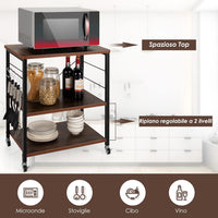 Carrello da Cucina con 10 Ganci Rimovibili, Scaffale per Pasticceria con 3 Livelli, Scaffale con Struttura di Metallo con Ruote Bloccabili per Bar Ristorante Hotel, 60 x 40 x 73,5 cm (Marrone)