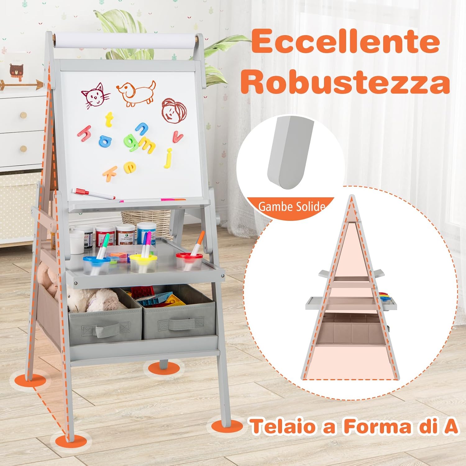 3 in 1 Cavalletto per Bambini, Cavalletto con Doppia Faccia Magnetica e Lavagna Bianca, Rotolo di Carta, 3 Bicchieri per Vernice e 2 Ceste in Tessuto, per Bambini 3-6 Anni (Grigio)