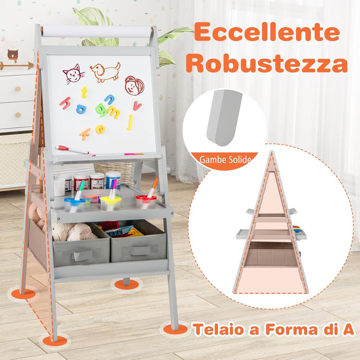 3 in 1 Cavalletto per Bambini, Cavalletto con Doppia Faccia Magnetica e Lavagna Bianca, Rotolo di Carta, 3 Bicchieri per Vernice e 2 Ceste in Tessuto, per Bambini 3-6 Anni (Grigio)