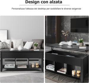 Tavolino da Salotto con Coperchio Sollevabile, Tavolino da Caff¨¨ Moderno Multifunzionale con Altezza Regolabile in Alto e Scompartimenti Nascosti e 3 Mensole Aperte in Basso (Nero)