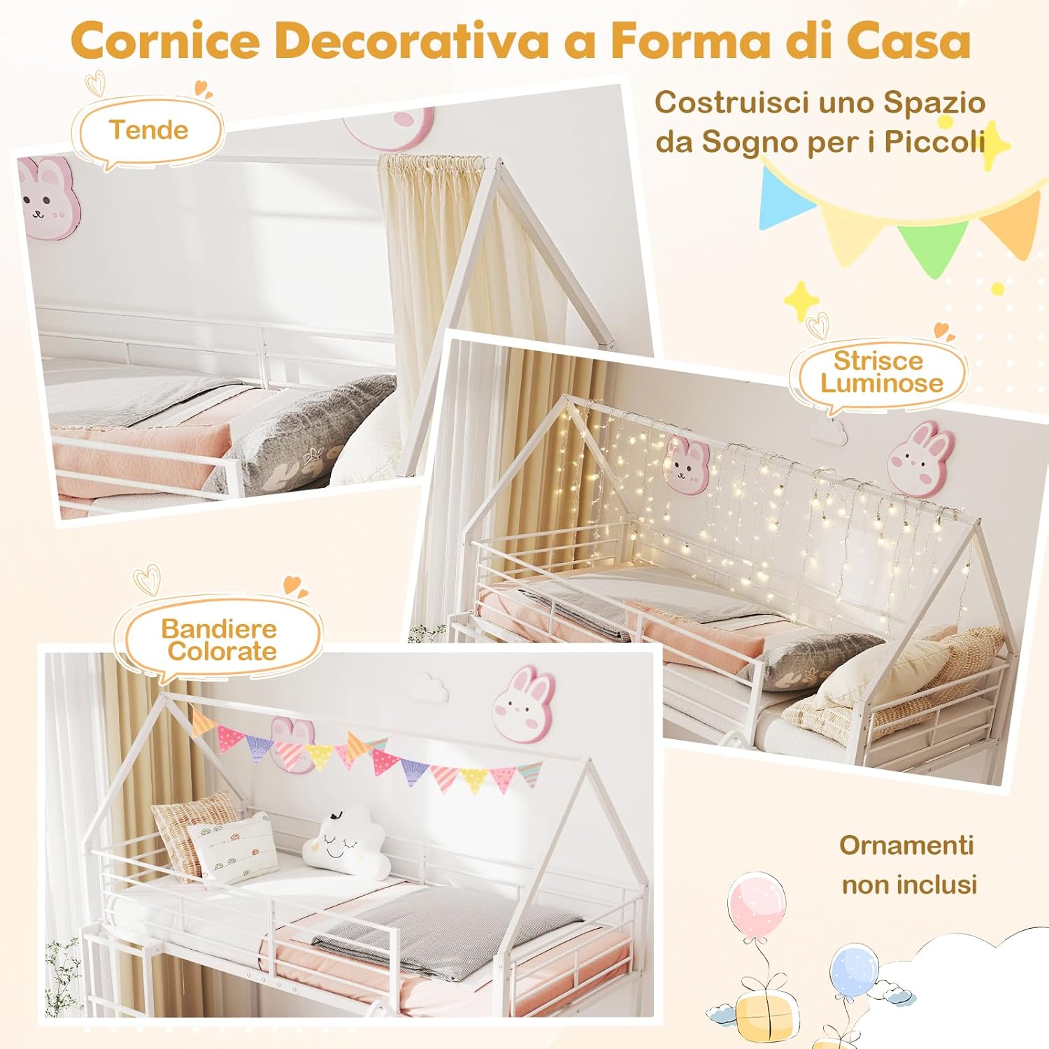Letto a Castello per Bambini 90x200 cm, Letto Montessori con Scivolo Scala, Struttura in Metallo e Sponda di Sicurezza, Forma di Casa, senza Bisogno di Rete a Molle, Portata 110 kg (Bianco)