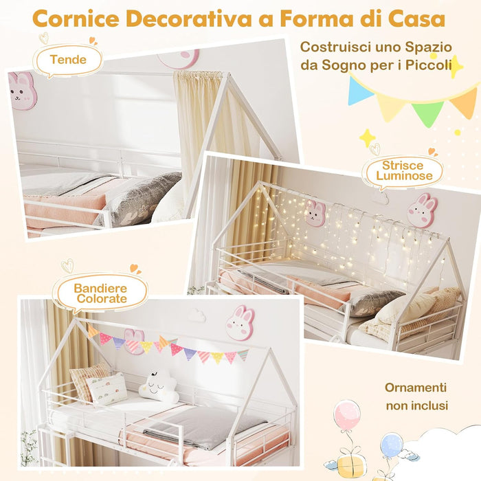 Letto a Castello per Bambini 90x200 cm, Letto Montessori con Scivolo Scala, Struttura in Metallo e Sponda di Sicurezza, Forma di Casa, senza Bisogno di Rete a Molle, Portata 110 kg (Bianco)