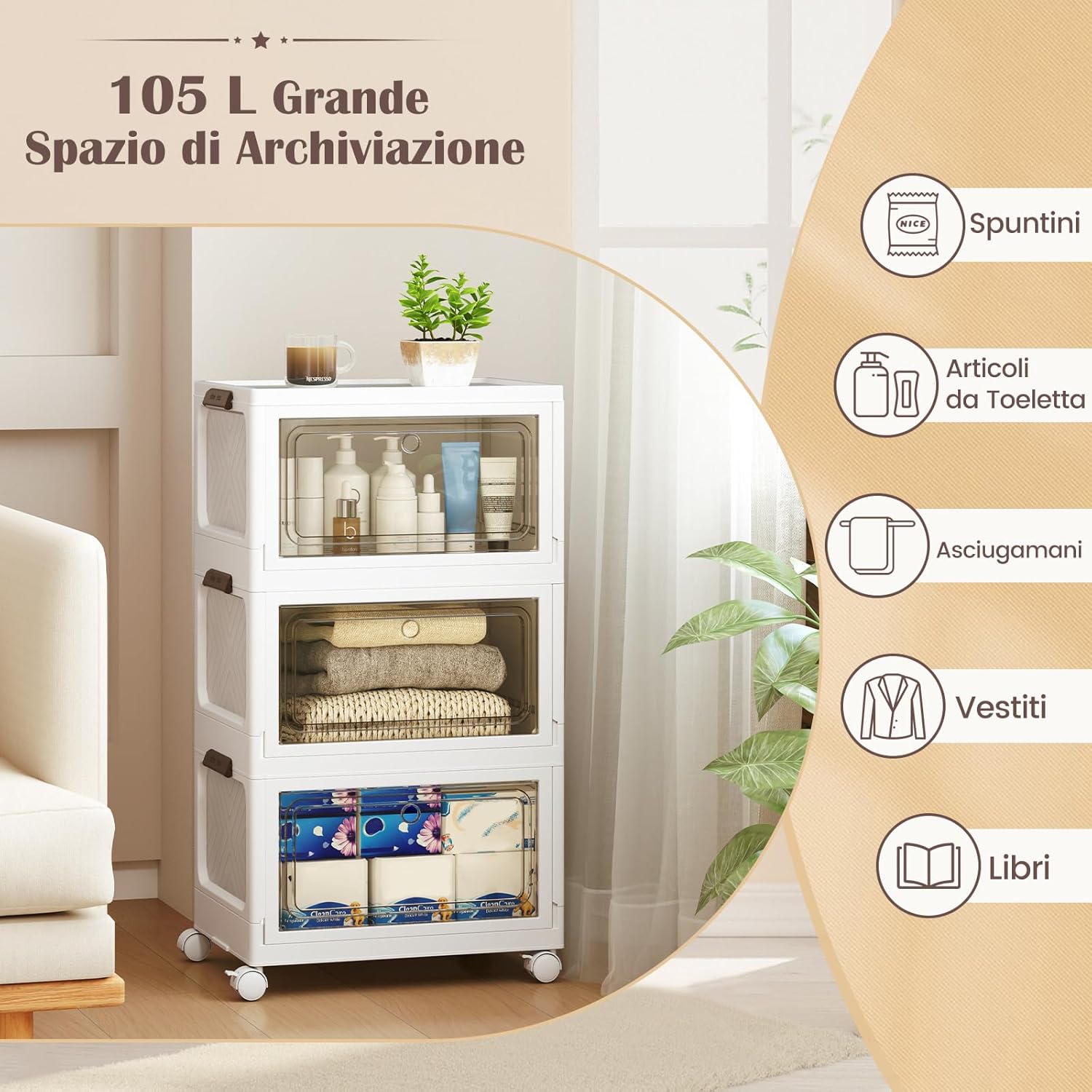 Set da 3 Contenitori Impilabili, Scatole Pieghevoli da 75/105 L con Ruote Bloccabili Porta e Coperchio, Organizzatori per Armadio, Multiuso per Casa Dormitorio (48 x 34 x 82 cm)