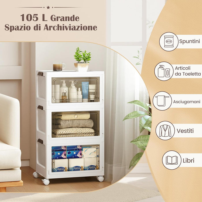 Set da 3 Contenitori Impilabili, Scatole Pieghevoli da 75/105 L con Ruote Bloccabili Porta e Coperchio, Organizzatori per Armadio, Multiuso per Casa Dormitorio (48 x 34 x 82 cm)