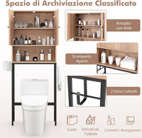 Scaffale Bagno 165,5 cm Sopra WC, Mobile Bagno Salvaspazio con 2 Porte, Ripiano Regolabile, Bara Inferiore Regolabile, 2 Ganci Laterali, Organizzatore sopra Gabinetto per Lavanderia (Naturale)