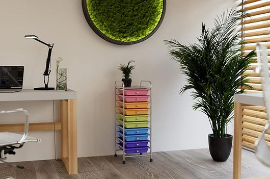 Carrello con 10 Cassetti da Stoccaggio, Cassettiera di Metallo e Plastica, Contenitore Multiuso con Ruote a Freno, per Casa e Ufficio (Multicolore)