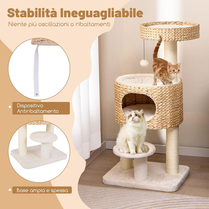 Tiragraffi per Gatti 104cm, Albero per Animali Domestici con Trespolo Superiore, Posti per Graffiare in Sisal, Cuscino Rimovibile e Palline, Torre Moderno Interno, Bianco e Naturale