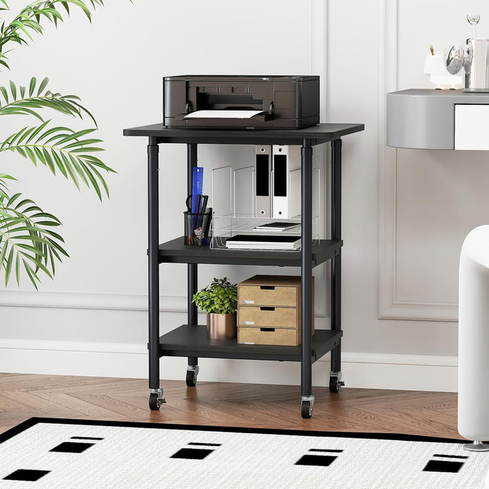Supporto per Stampante, Carrello Stampante a 3 Livelli con Ripiani di Stoccaggio e Ruote con Blocco, Altezza Regolabile, per Stampante 3D Scanner Fax, 49 x 40 x 65/77 cm (Nero)