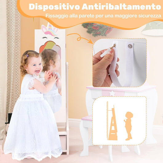 Armadietto Portagioie per Bambini 31,5 x 30 x 115cm, Specchio a Figura Intera a Forma di Unicorno con Ganci, Ripiani e Cassetti, Specchiera da Toeletta per Cameretta (Bianco)