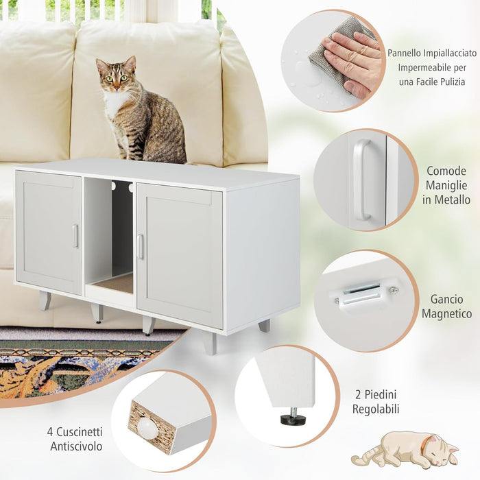 Mobile per Lettiera per Gatti 120 x 52 x 65 cm, Casetta per Gatti con 2 Ante, Fori, Tiragraffi e Gambe Staccabili, Mobile Versatile e Moderno per Salotto (Bianco e grigio)