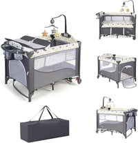 5-in-1 Lettino da Campeggio con Materasso, Lettino per Bambini con Fasciatoio, Lettino Pieghevole e Portabile, Altezza Regolabile in 5 Livelli, per Bambini 0-36 Mesi (Grigio+Beige)