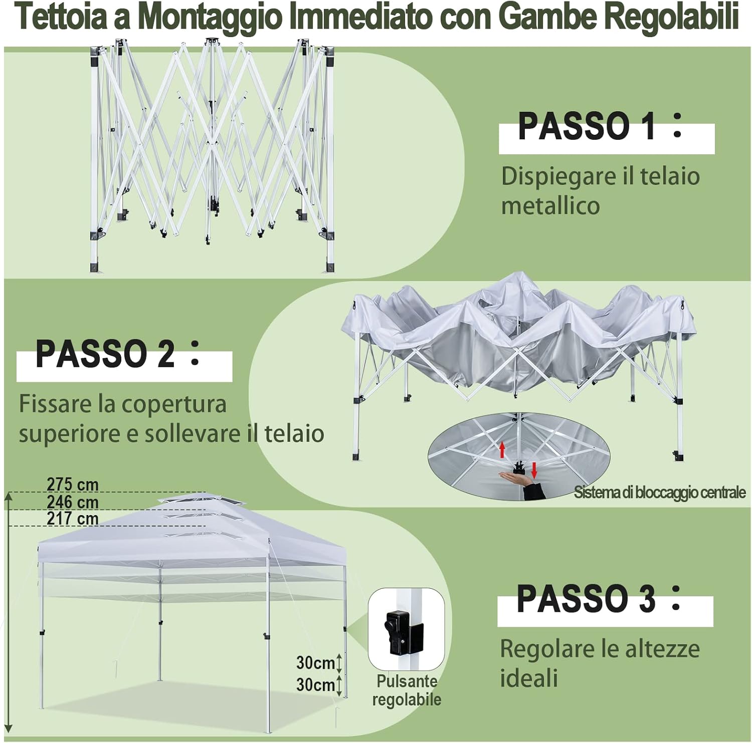 Gazebo Pieghevole da Giardino 3 x 3 m, Gazebo Pop Up Impermeabile con Telaio in Acciaio, Altezza Regolabile, Doppio Tetto e Borsa con Ruote, per Giardino Spiaggia Campeggio (Bianco)