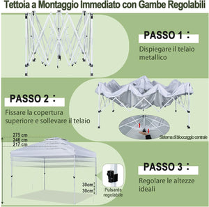 Gazebo Pieghevole da Giardino 3 x 3 m, Gazebo Pop Up Impermeabile con Telaio in Acciaio, Altezza Regolabile, Doppio Tetto e Borsa con Ruote, per Giardino Spiaggia Campeggio (Bianco)