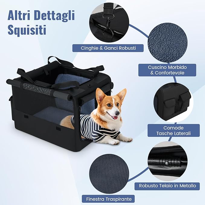 Trasportino Pieghevole per Cani e Gatti, Borsa da Trasporto per Animali con 2 Aperture, Finestra, Cesto Interno in Rete, Tasche Laterali e Porta Bicchiere, Gabbia Morbida e Portatile (S)