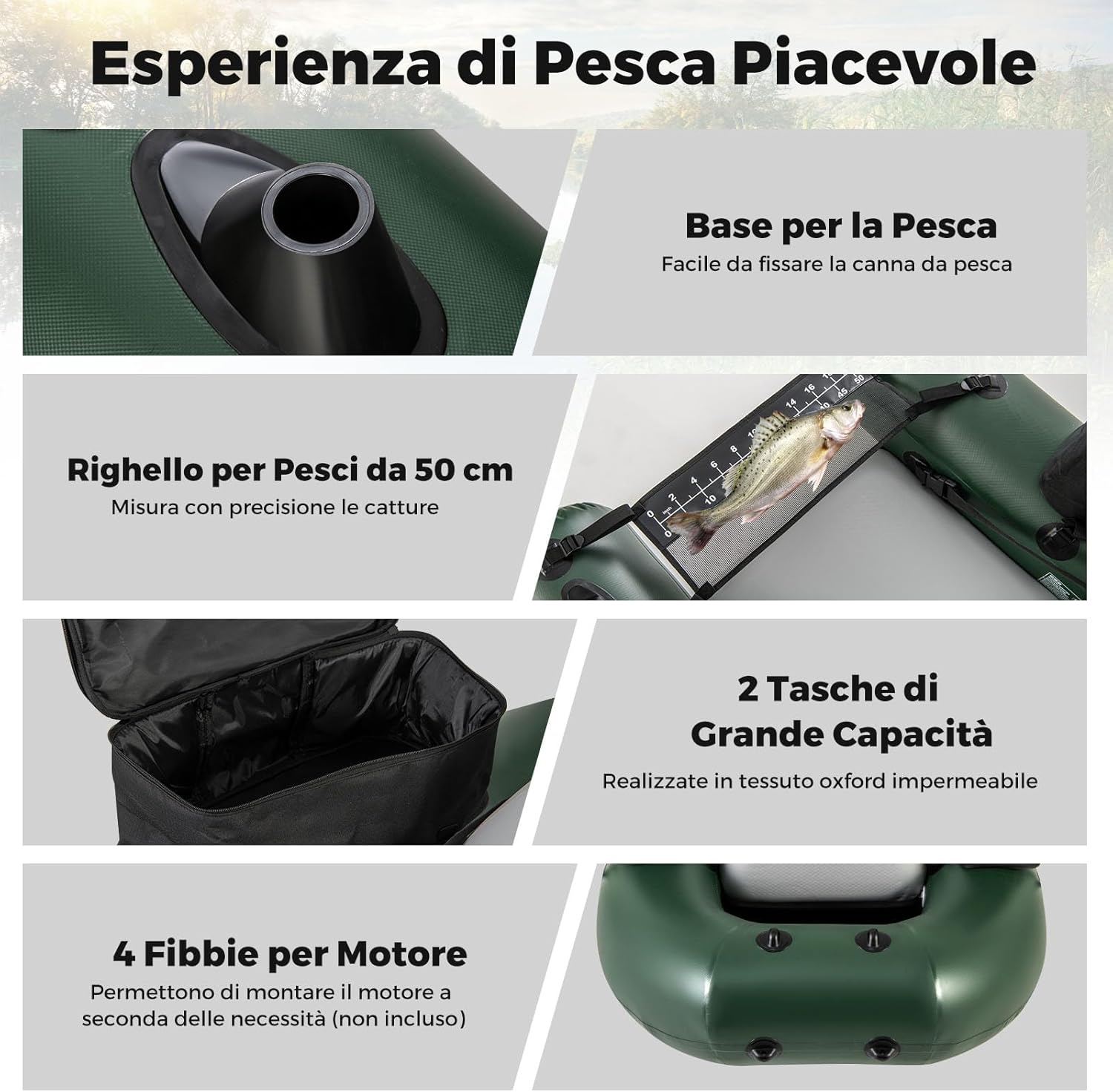 Gommone Gonfiabile da Pesca, Barca da Pesca Portatile con Pompa, Borsa da Trasporto e Kit di Riparazione, Schienale Regolabile, capacità di Carico 100kg