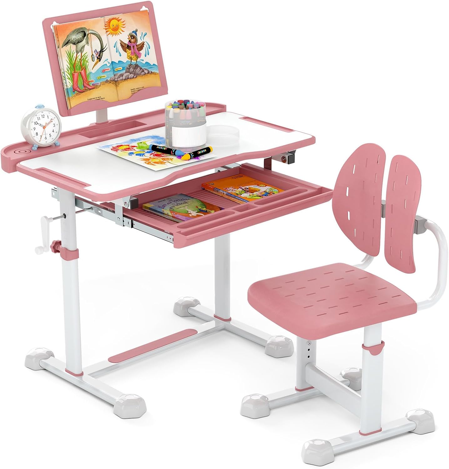 Set di Scrivania e Sedia per Bambini 3+ Anni, Scrivania Regolabile in Altezza con Piano Inclinabile, Supporto per Libri & Barra Poggiapiedi e Sedia Ergonomica, Ideale per Disegno (Rosa)