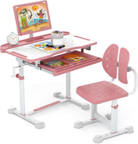 Set di Scrivania e Sedia per Bambini 3+ Anni, Scrivania Regolabile in Altezza con Piano Inclinabile, Supporto per Libri & Barra Poggiapiedi e Sedia Ergonomica, Ideale per Disegno (Rosa)