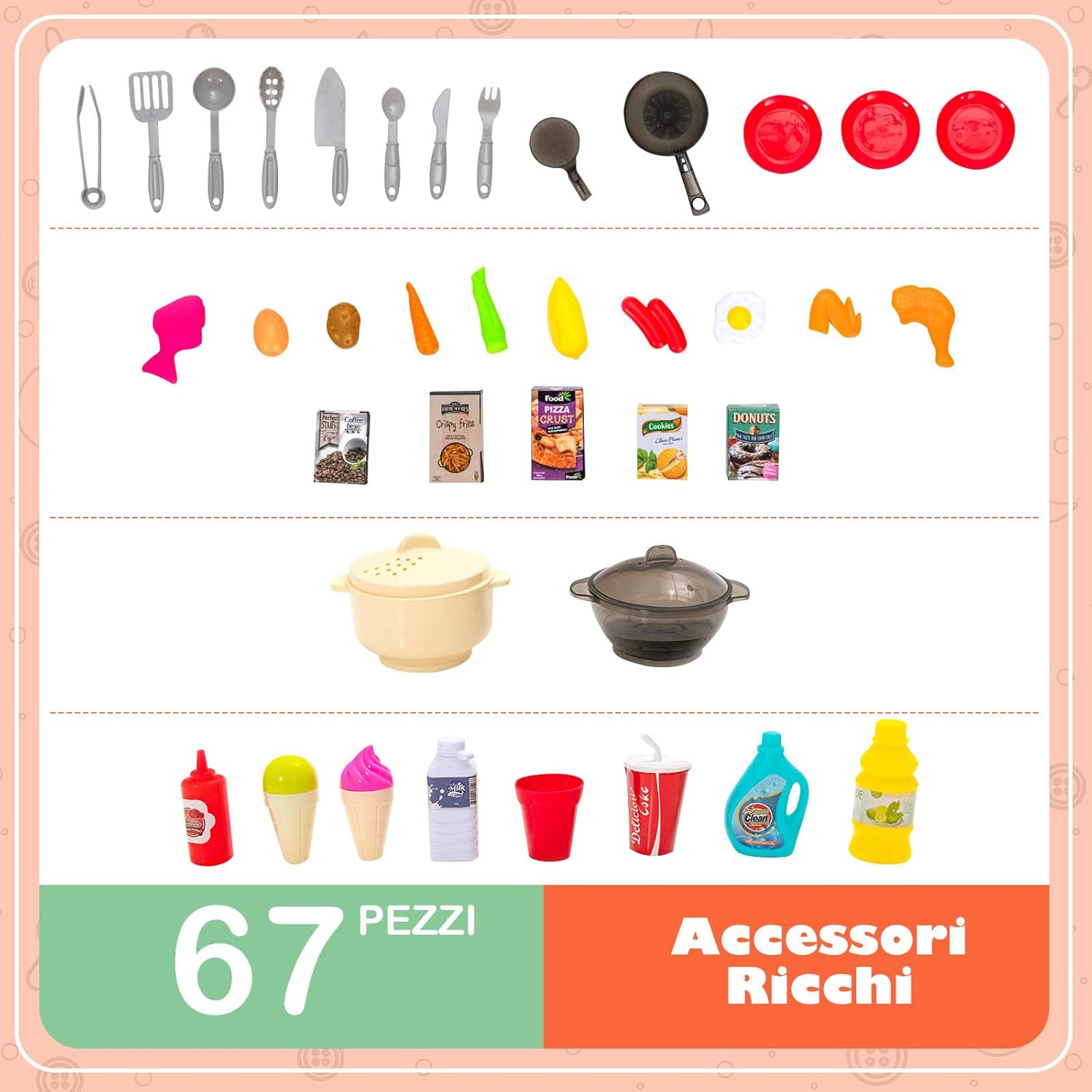 Cucina Giocattolo con Set di Accessori Cibo e Utensili, Cucina per Bambini con Suoni e Luci, Lavandino, Rubinetto, Scaffali, Forni e Fornelli, per Bambini 3+ Anni (Arancione)