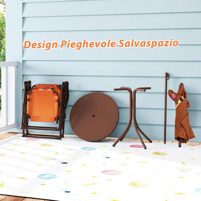 Set Tavolo da Giardino Bambini con 2 Sedie Pieghevoli, Tavolino da Esterno con Ombrellone in Poliestere Regolabile in Altezza, Set Mobili da Giardino per Bambini 3-6 Anni (Scimmia, Marrone)