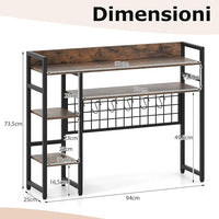 Mensola da Scrivania, Scaffale Espositivo a 4 Ripiani con Pannello a Griglia Metallica e 6 Ganci, Organizzatore da Scrivania per Computer, per Ufficio Casa Dormitorio, 94x25x73,5 cm (Marrone)