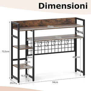 Mensola da Scrivania, Scaffale Espositivo a 4 Ripiani con Pannello a Griglia Metallica e 6 Ganci, Organizzatore da Scrivania per Computer, per Ufficio Casa Dormitorio, 94x25x73,5 cm (Marrone)