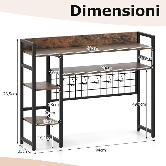 Mensola da Scrivania, Scaffale Espositivo a 4 Ripiani con Pannello a Griglia Metallica e 6 Ganci, Organizzatore da Scrivania per Computer, per Ufficio Casa Dormitorio, 94x25x73,5 cm (Marrone)