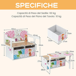 Cassapanca Contenitore 3 in 1 per Bambini Trasformabile in Legno con 2 Cassetti in Tessuto, Tavolo bambini con Sedie Multifunzione, Scatola dei Giocattoli per 3-7 Anni (Bianco)