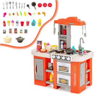Cucina Giocattolo con Set di Accessori Cibo e Utensili, Cucina per Bambini con Suoni e Luci, Lavandino, Rubinetto, Scaffali, Forni e Fornelli, per Bambini 3+ Anni (Arancione)