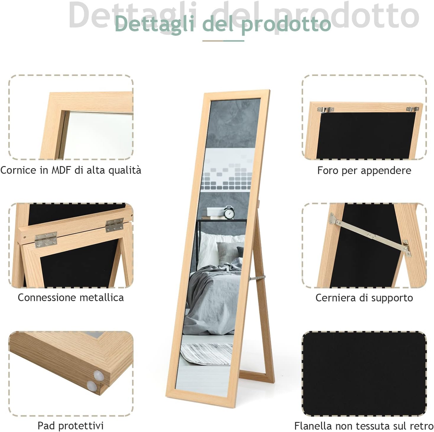 Specchiera da Terra Autoportante a Figura Intera, Specchio Rettangolare, in Legno (Legno)