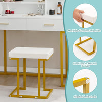 Postazione Trucco con Luci e Sgabello, Tavolo da Trucco con Specchiera e 2 Cassetti, Scaffali Portaoggetti, Stile Moderno, per Camera da Letto, Bianco