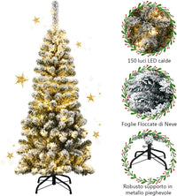 Albero di Natale Slim 135/180/225 cm, Albero di Natale Innevato con 150/250/350 Luci LED, 242/500/641 Rami e Base di Metallo, Decorazione Natalizia per Casa e Negozio (135 cm)