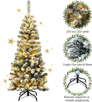 Albero di Natale Slim 135/180/225 cm, Albero di Natale Innevato con 150/250/350 Luci LED, 242/500/641 Rami e Base di Metallo, Decorazione Natalizia per Casa e Negozio (135 cm)