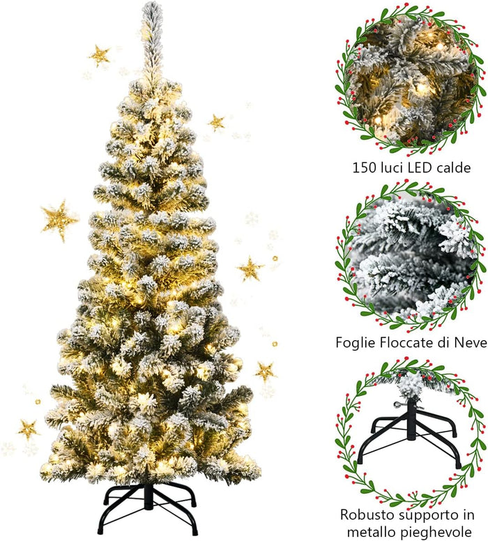 Albero di Natale Slim 135/180/225 cm, Albero di Natale Innevato con 150/250/350 Luci LED, 242/500/641 Rami e Base di Metallo, Decorazione Natalizia per Casa e Negozio (135 cm)