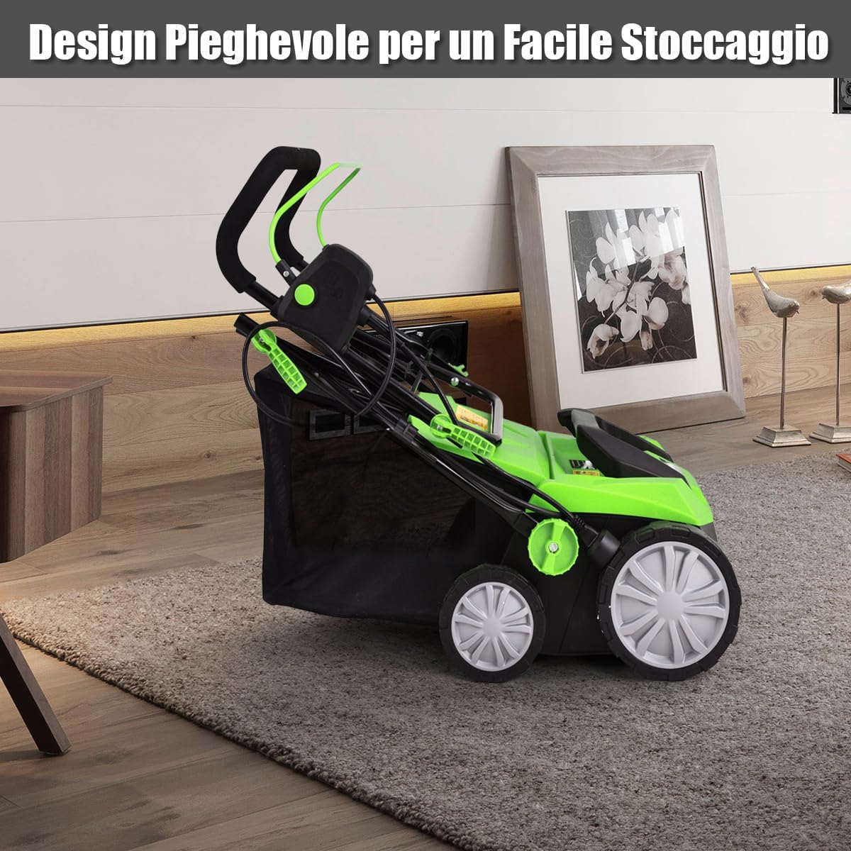Scarificatore 2 in-1 per Prato, Arieggiatore Elettrico con Sacco Raccoglitore da 45L, Larghezza 38cm, con 3 Posizioni Regolabili, Scarificatore 1800W per Giardino Cortile (38 cm, Verde)