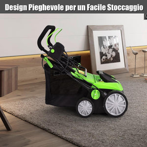 Scarificatore 2 in-1 per Prato, Arieggiatore Elettrico con Sacco Raccoglitore da 45L, Larghezza 38cm, con 3 Posizioni Regolabili, Scarificatore 1800W per Giardino Cortile (38 cm, Verde)