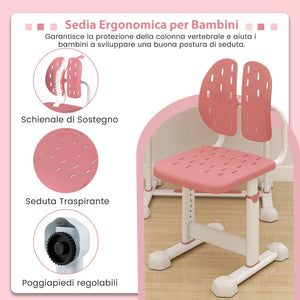 Set di Scrivania e Sedia per Bambini 3+ Anni, Scrivania Regolabile in Altezza con Piano Inclinabile, Supporto per Libri & Barra Poggiapiedi e Sedia Ergonomica, Ideale per Disegno (Rosa)