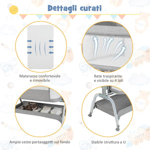 Culla Neonato Fianco 4 IN 1, Culla Co-sleeping con Spondina Apribile, Altezza Regolabile, Inclinabile, Materasso Ruote Borsa da Viaggio Zanzariera Inclusi, 0-6 Mesi Fino a 9 kg (Grigio)