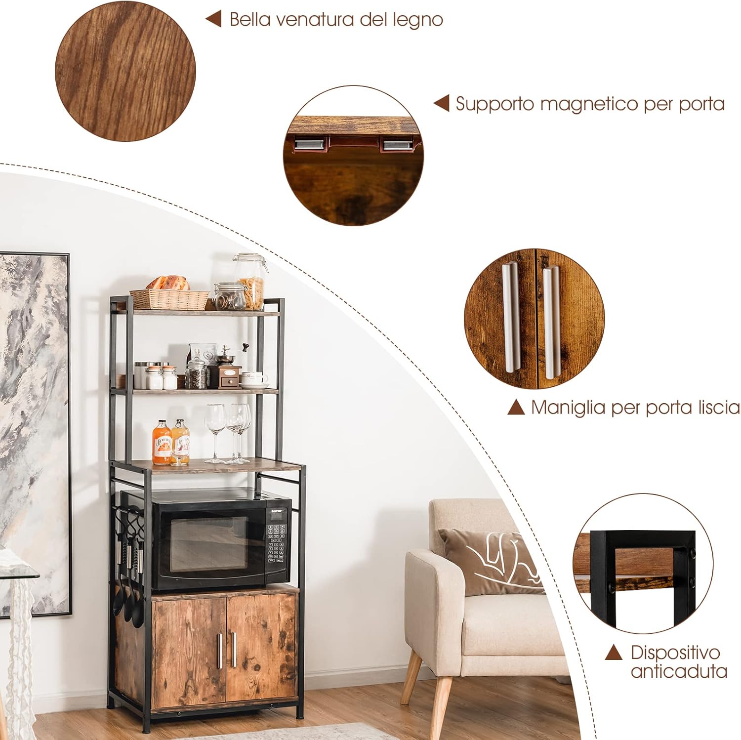 Scaffale con 4 Livelli per Cucina con Armadio e Credenza, Supporto Industriale per Forno Microonde, con Ganci e Piedini Regolabili, Ideale per Cucina e Sala da Pranzo, 60 x 40 x 150 cm