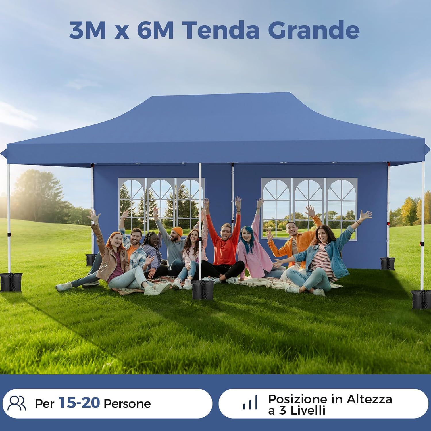 Gazebo da Giardino 3 x 6 m, Tendone per Feste con 6 Pannelli Laterali Rimovibili, con Borsa da Trasporto, Design Pop-up, per Matrimonio Eventi e Barbecue (Blu)