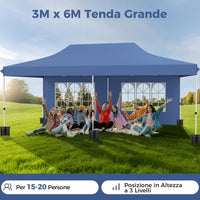 Gazebo da Giardino 3 x 6 m, Tendone per Feste con 6 Pannelli Laterali Rimovibili, con Borsa da Trasporto, Design Pop-up, per Matrimonio Eventi e Barbecue (Blu)