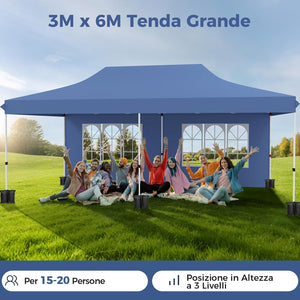 Gazebo da Giardino 3 x 6 m, Tendone per Feste con 6 Pannelli Laterali Rimovibili, con Borsa da Trasporto, Design Pop-up, per Matrimonio Eventi e Barbecue (Blu)