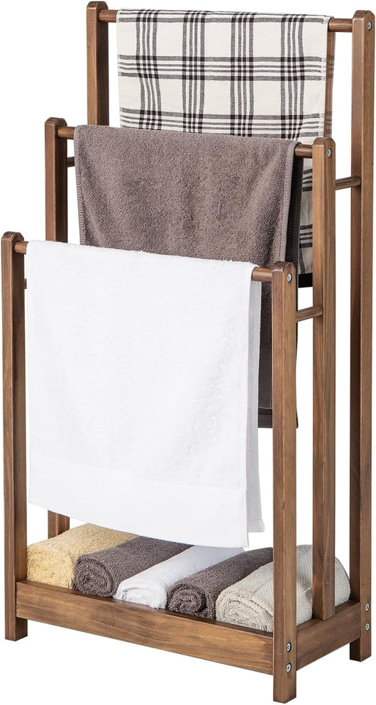 Portasciugamani in Legno da Terra, Porta Asciugamani a 3 Livelli con Mensola Inferiore, Dispositivo Anti-Ribaltamento, Supporto Leggero per Asciugamani da Bagno e Stanza Lavanderia (Marrone)