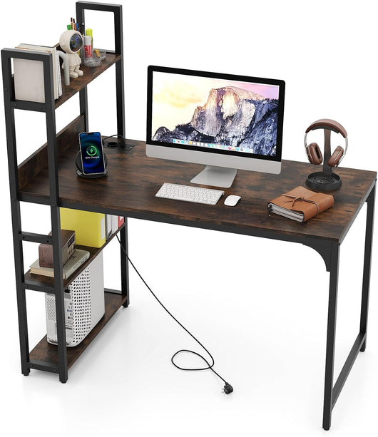 Scrivania con Libreria, 2 Prese di Corrente, 2 Porte USB Tipo-A e Tipo-C, Scrivania da Ufficio con 4 Ripiani, Scrivania per PC Salvaspazio, per Studio e Cameretta, 120 x 65 x 130 cm (Marrone)