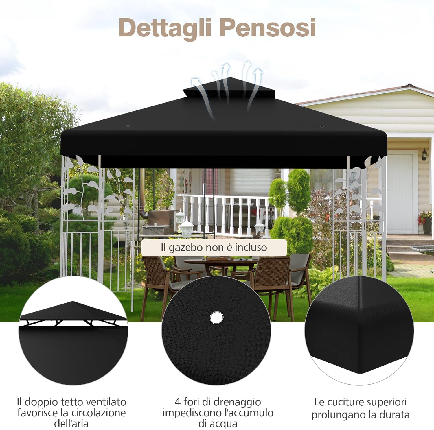 Tetto di Ricambio per Gazebo da Giardino Copertura di Ricambio Gazebo 3 x 3 m (Nero)