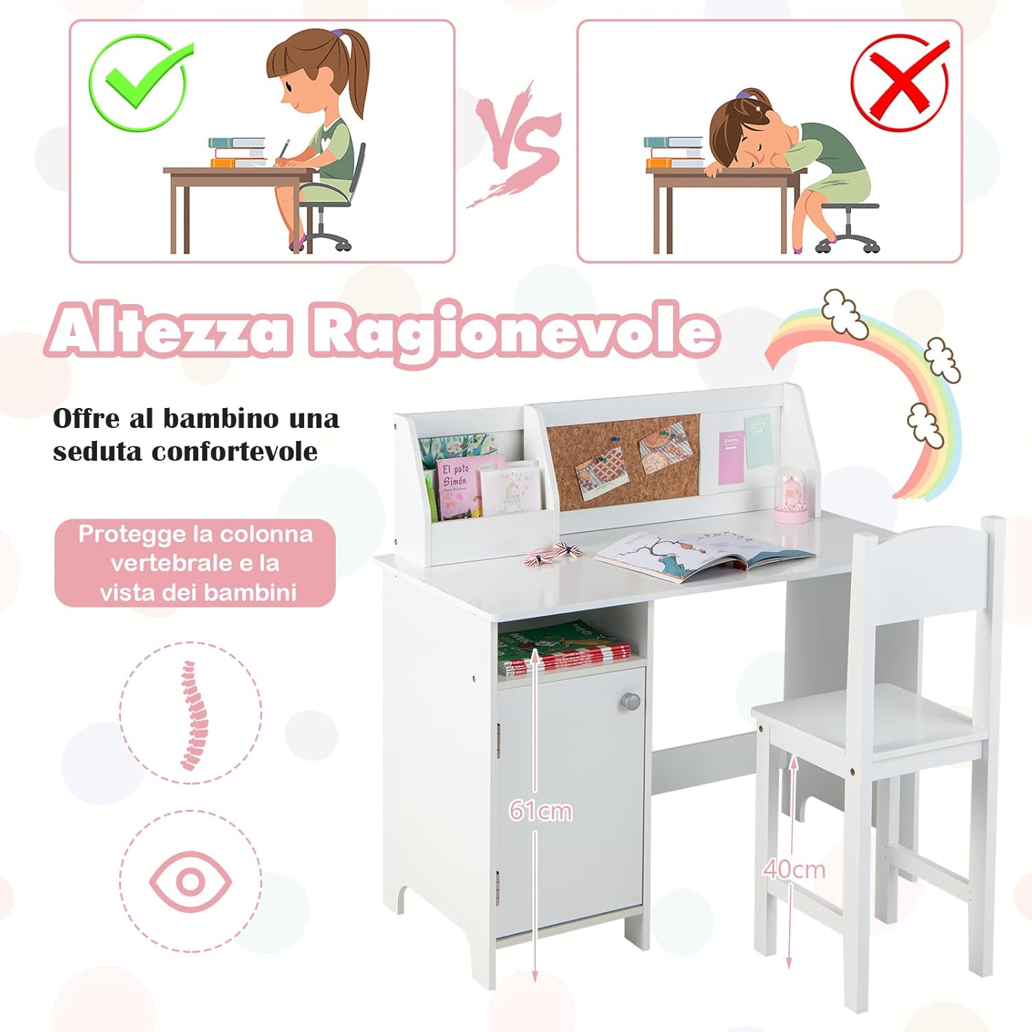 Set di Scrivania e Sedia per Bambini, Scrivania per Bambini con Cassetto, Armadietti e Scaffale, Bianco, 90 x 45 x 86 cm